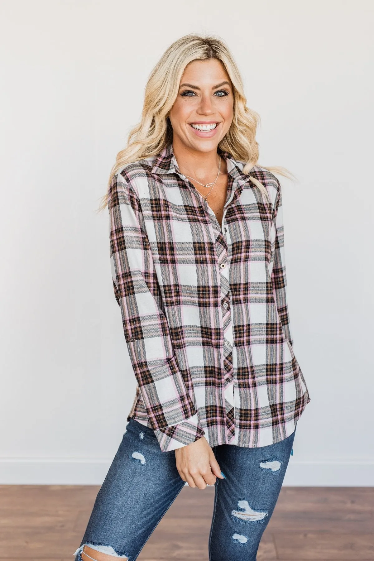 Pumpkin Farm Button Down Flannel- Pink & Ivory