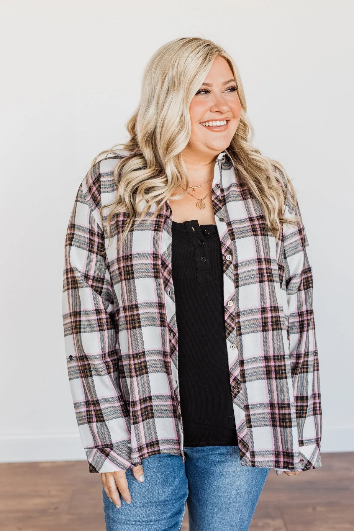 Pumpkin Farm Button Down Flannel- Pink & Ivory