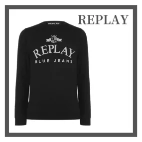 REPLAY  |Crew Neck Pullovers Long Sleeves Plain Cotton Logo