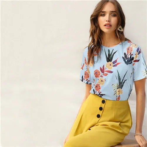 SHEIN Floral And Plants Print Womens Shirts Summer Short Sleeve Casual Basic Streetwear Pullovers White T Shirt Tops