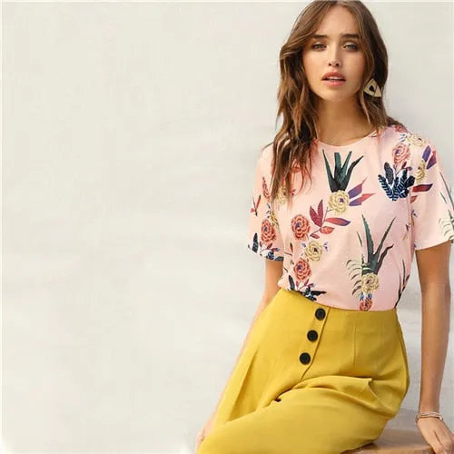 SHEIN Floral And Plants Print Womens Shirts Summer Short Sleeve Casual Basic Streetwear Pullovers White T Shirt Tops