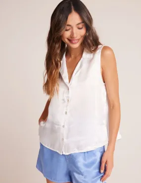 Sleeveless Notch Collar Button Down Top, White