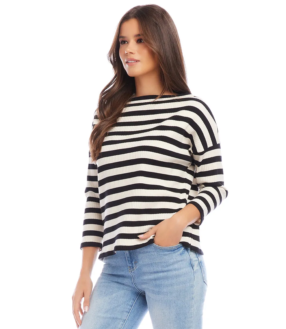 Stripe Three Quarter Sleeve Boatneck Top