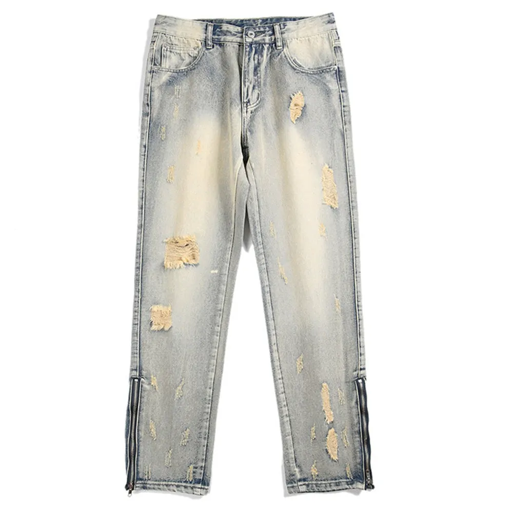 Tattered Denim Jeans with Ankle Zip