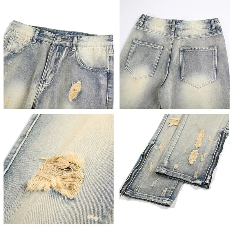 Tattered Denim Jeans with Ankle Zip