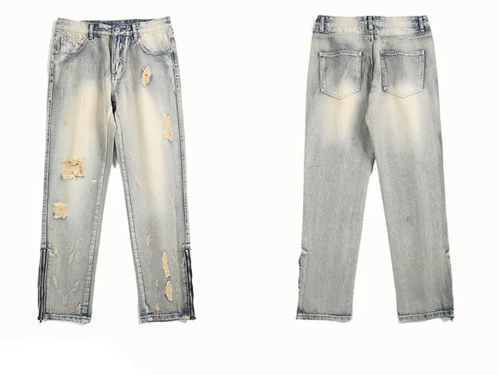 Tattered Denim Jeans with Ankle Zip