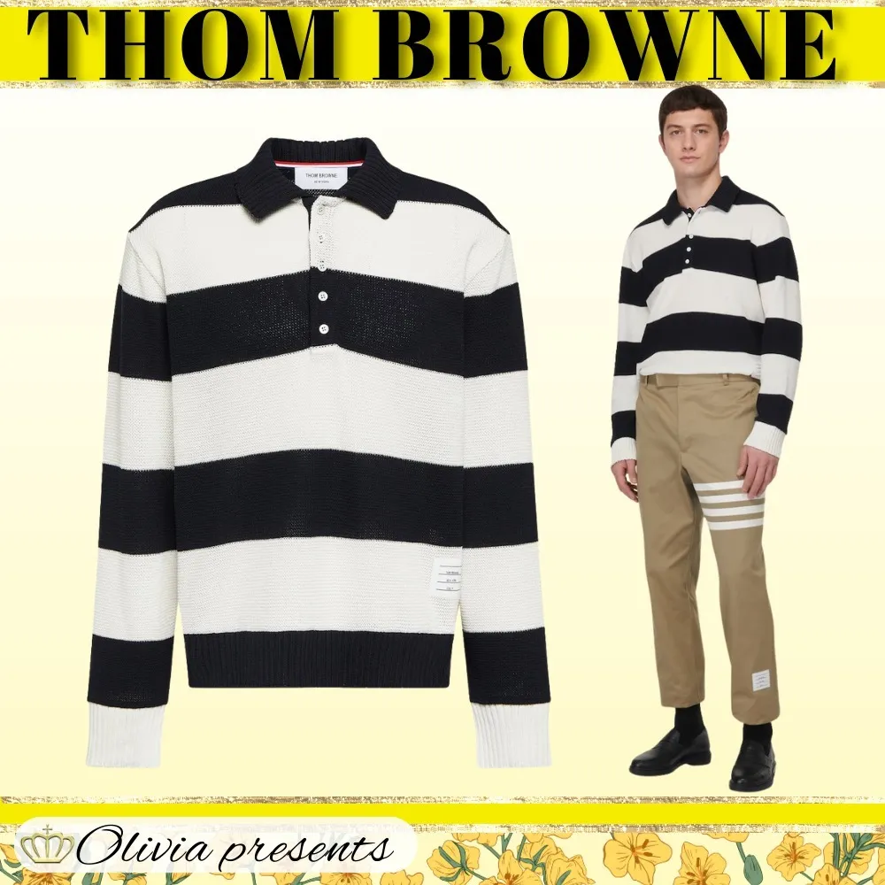 THOM BROWNE  |Pullovers Stripes Long Sleeves Cotton Logo Designers