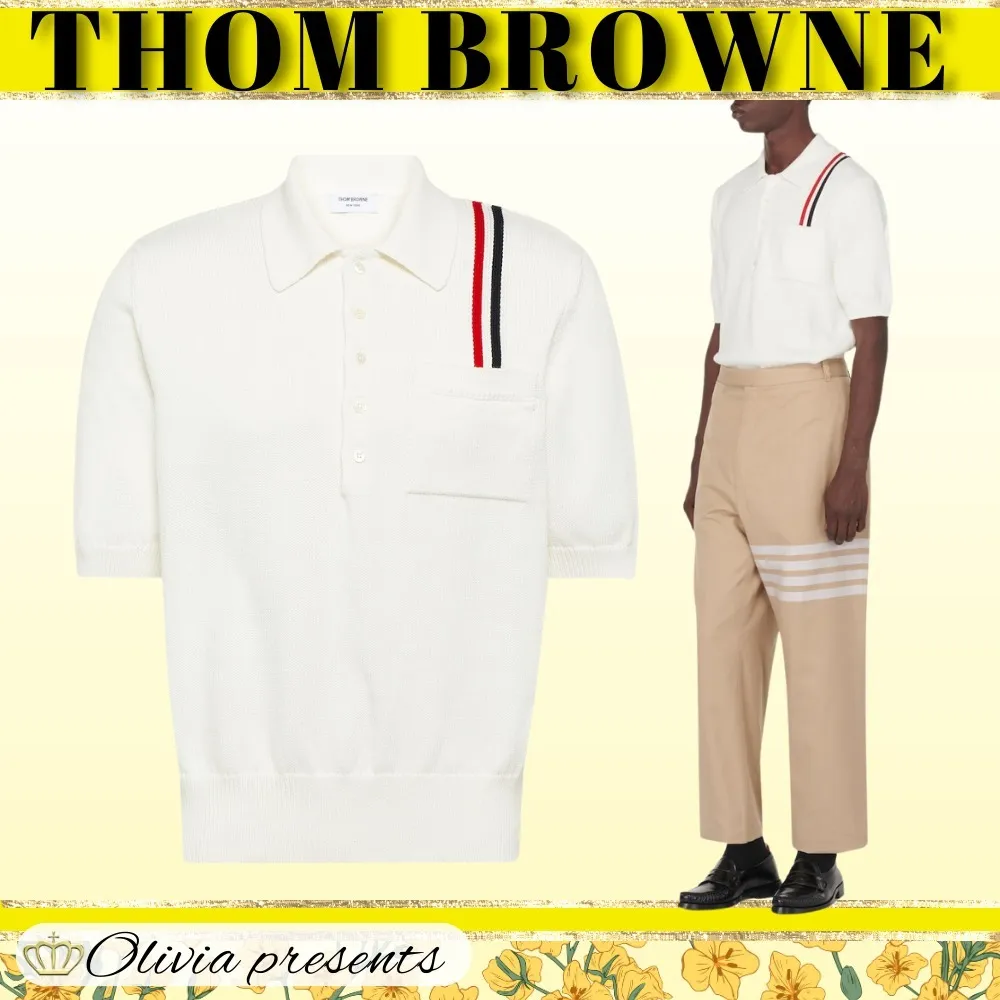 THOM BROWNE  |Pullovers Stripes Plain Cotton Short Sleeves Designers Polos