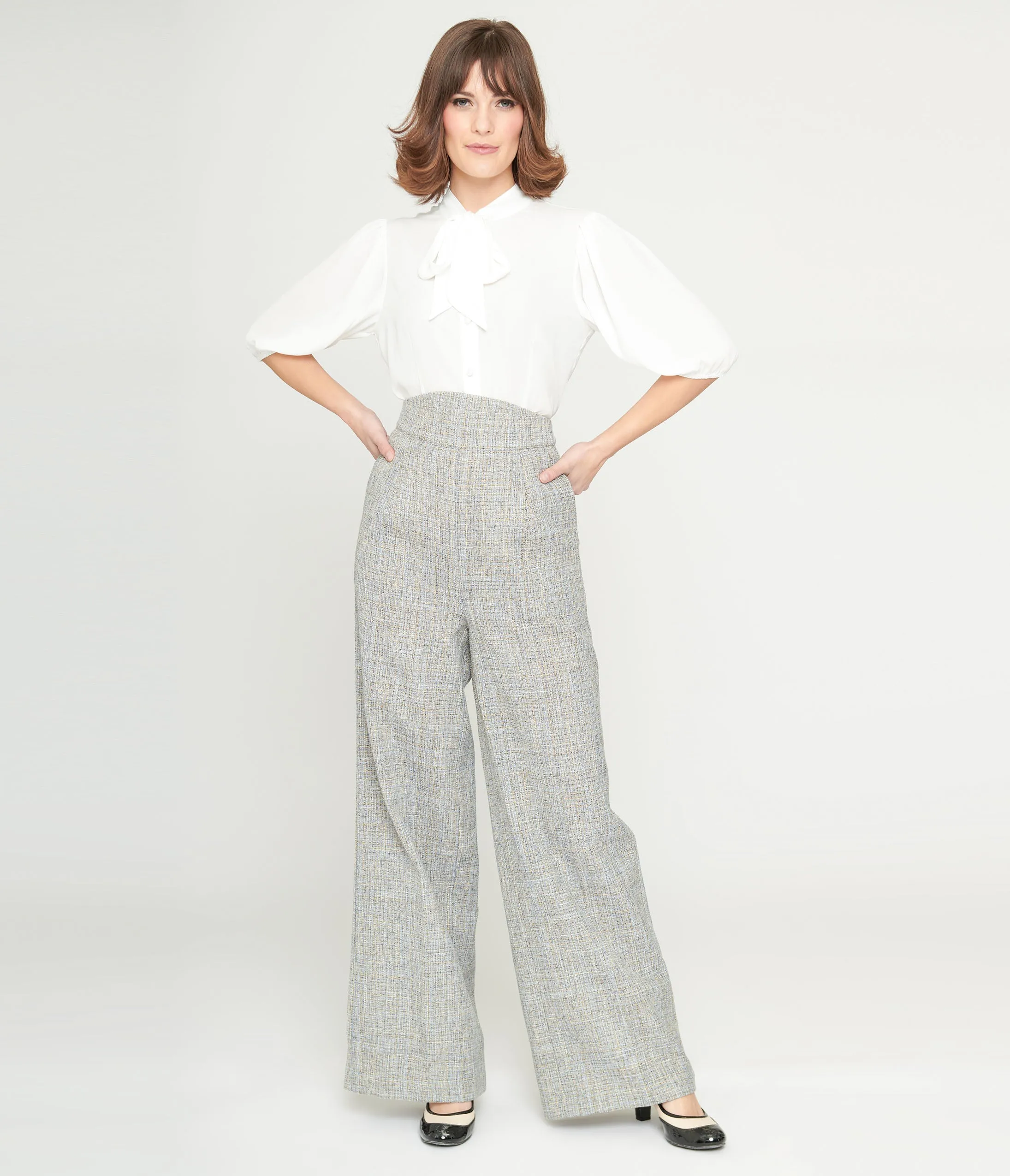 Unique Vintage 1940s Beige & Baby Blue Tweed High Waist Pants