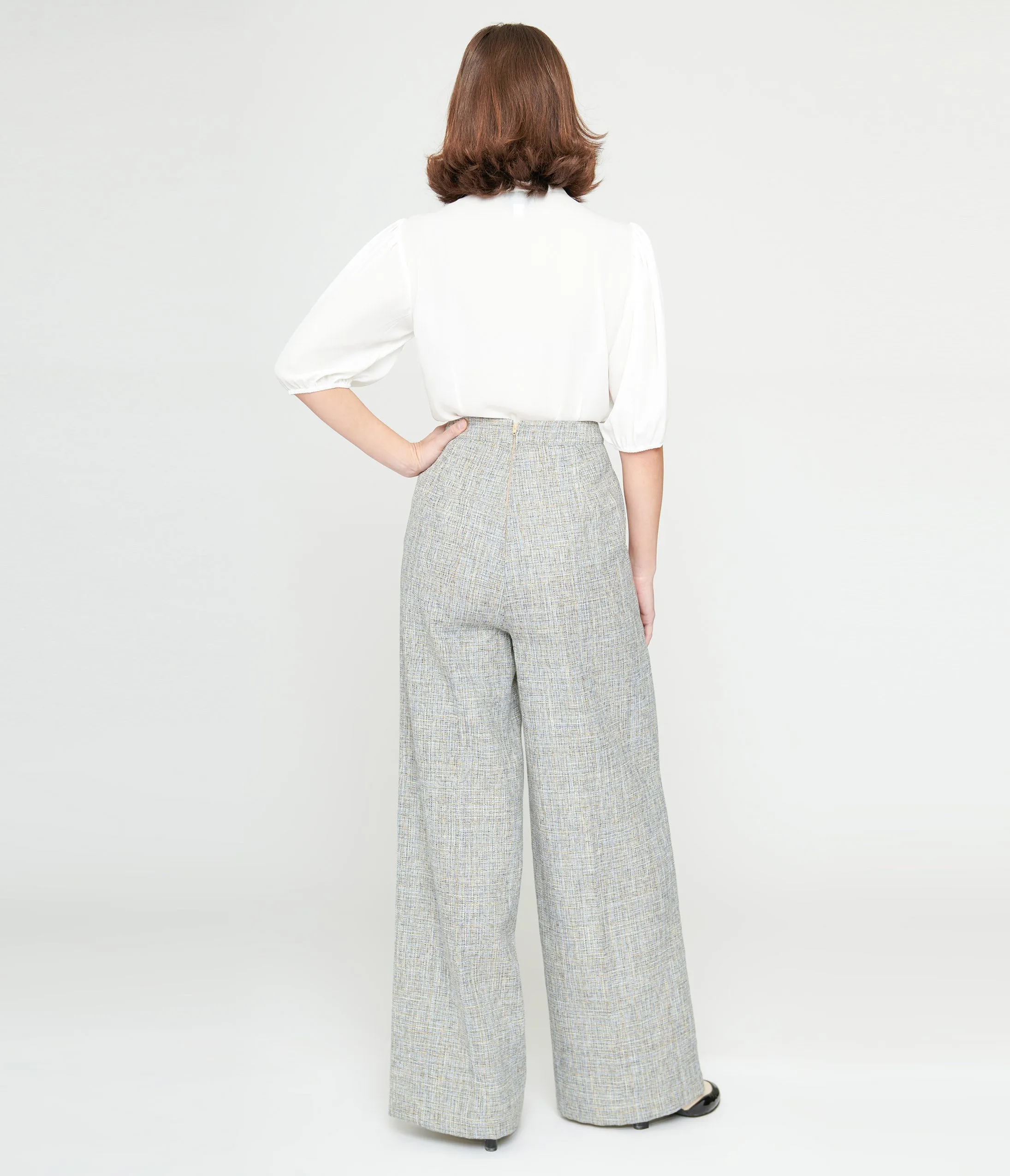 Unique Vintage 1940s Beige & Baby Blue Tweed High Waist Pants