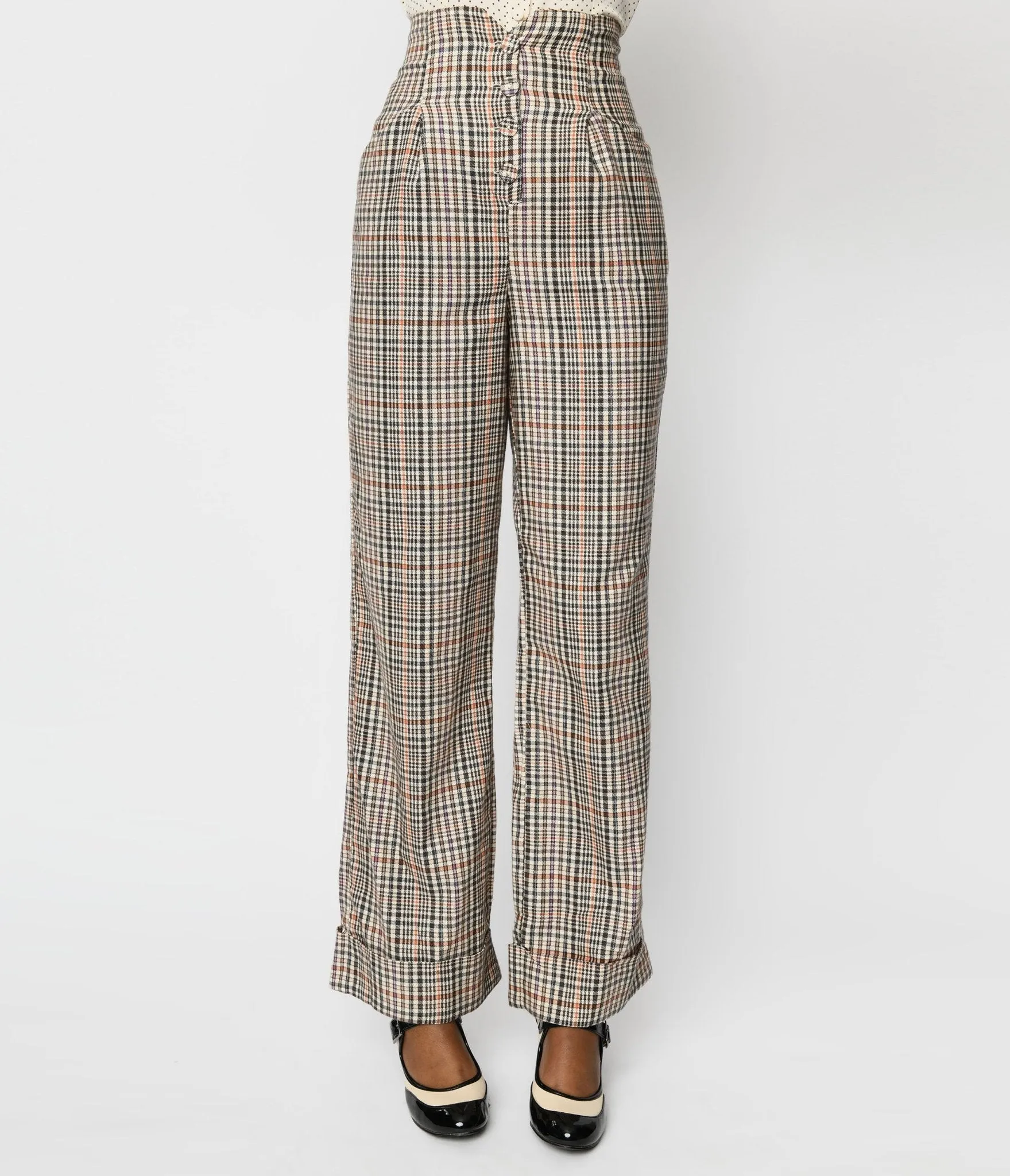 Unique Vintage 1940s Beige Plaid Buttoned Wide Leg Trousers