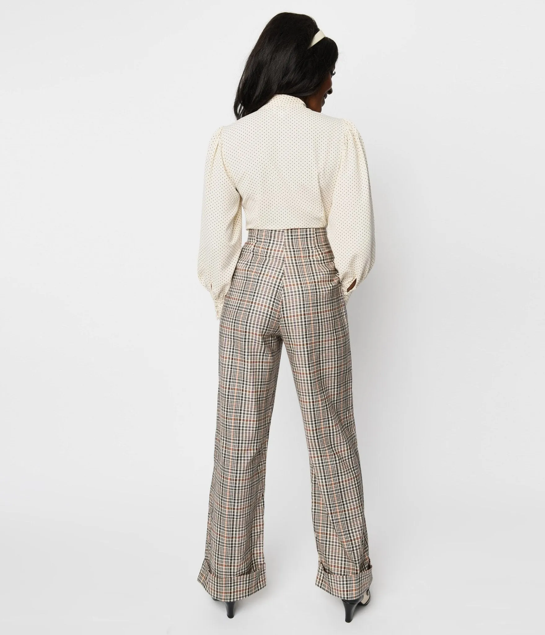 Unique Vintage 1940s Beige Plaid Buttoned Wide Leg Trousers