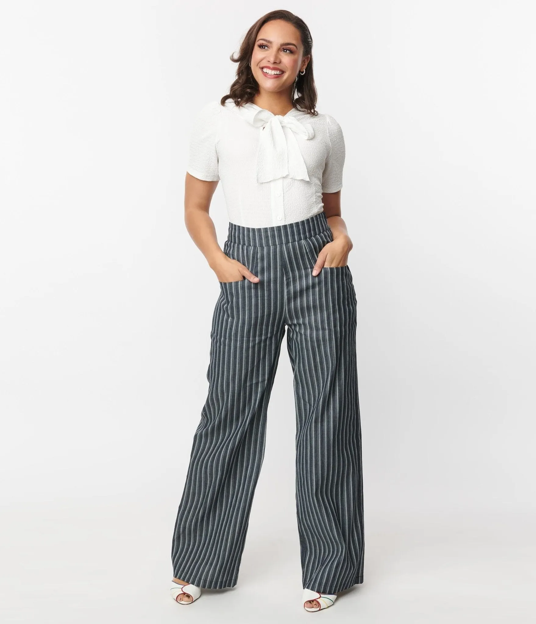 Unique Vintage 1940s Denim & White Stripe High Waist Sailor Ginger Pants