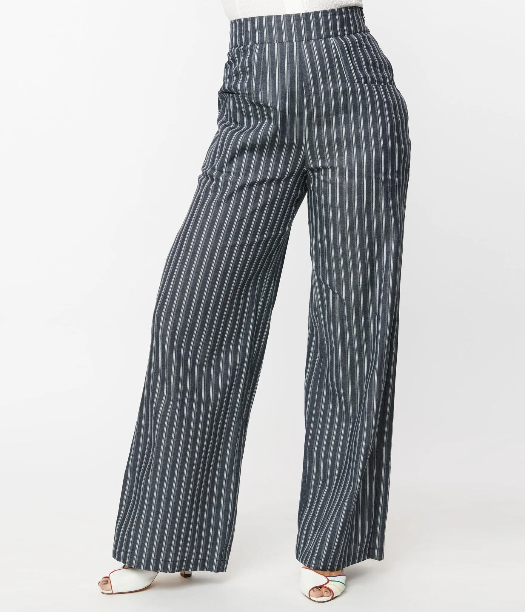 Unique Vintage 1940s Denim & White Stripe High Waist Sailor Ginger Pants