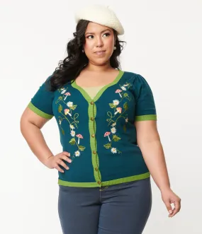 Unique Vintage Plus Size Teal Mushroom & Daisy Embroidered Cardigan