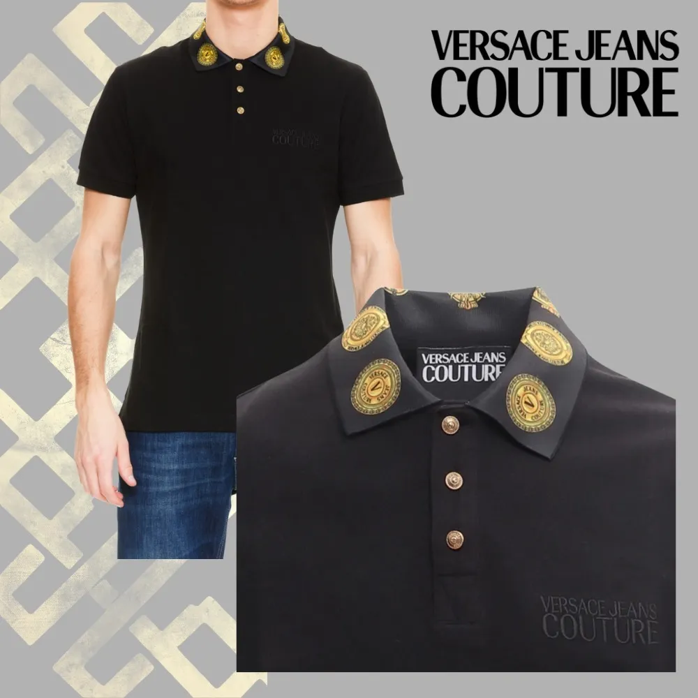 VERSACE JEANS  |Plain Cotton Short Sleeves Logo Polos