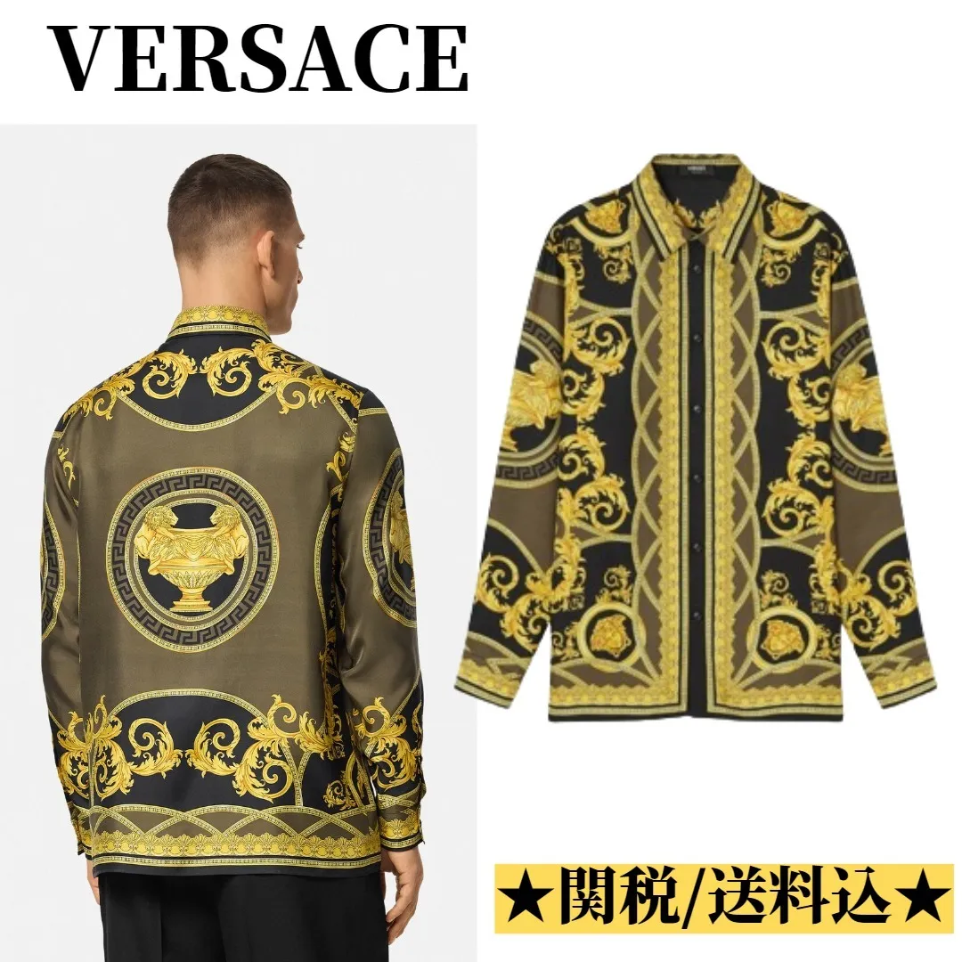 VERSACE  |Silk Long Sleeves Logos on the Sleeves Logo Luxury Shirts