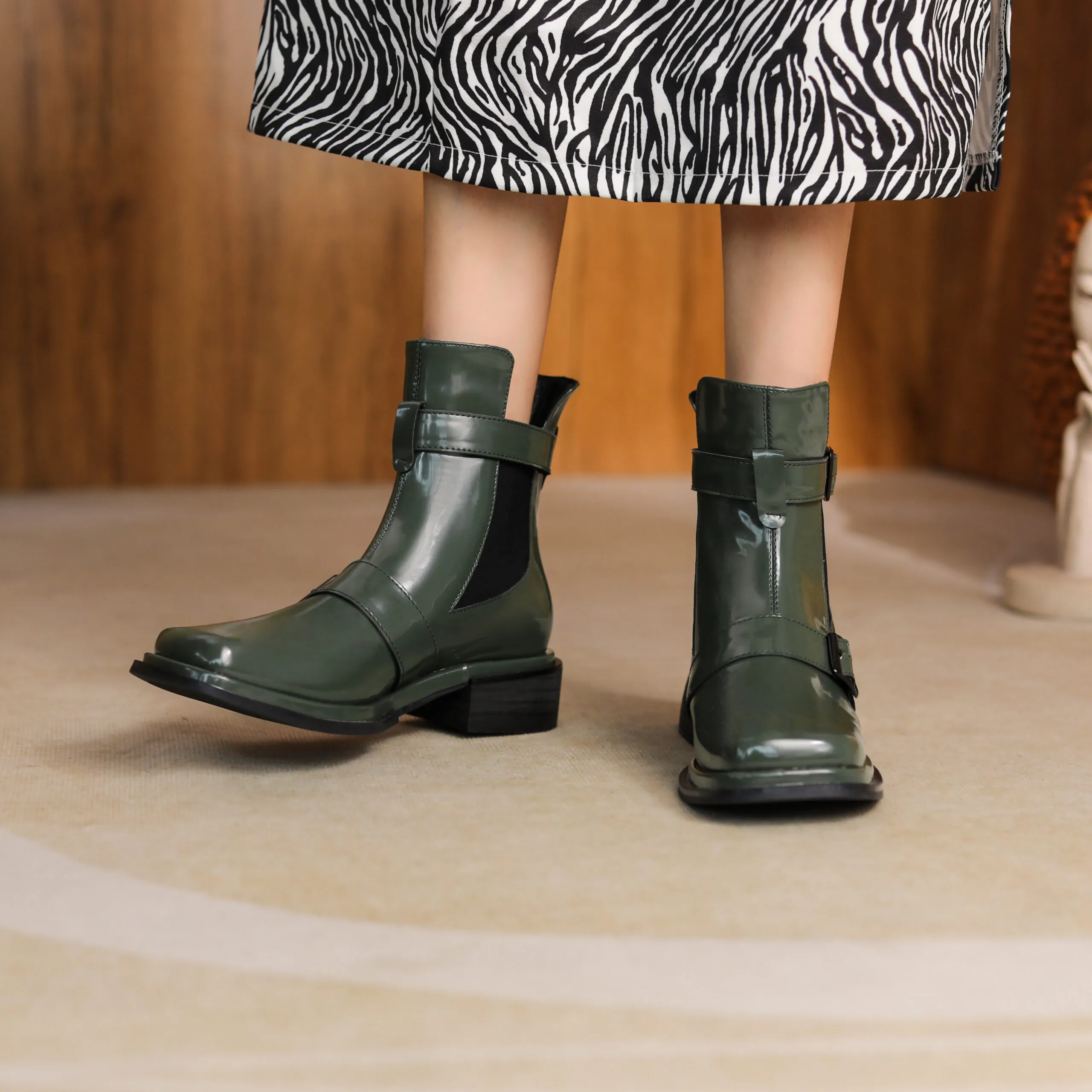 Women Square Toe Block Heel Martin Boots Green 