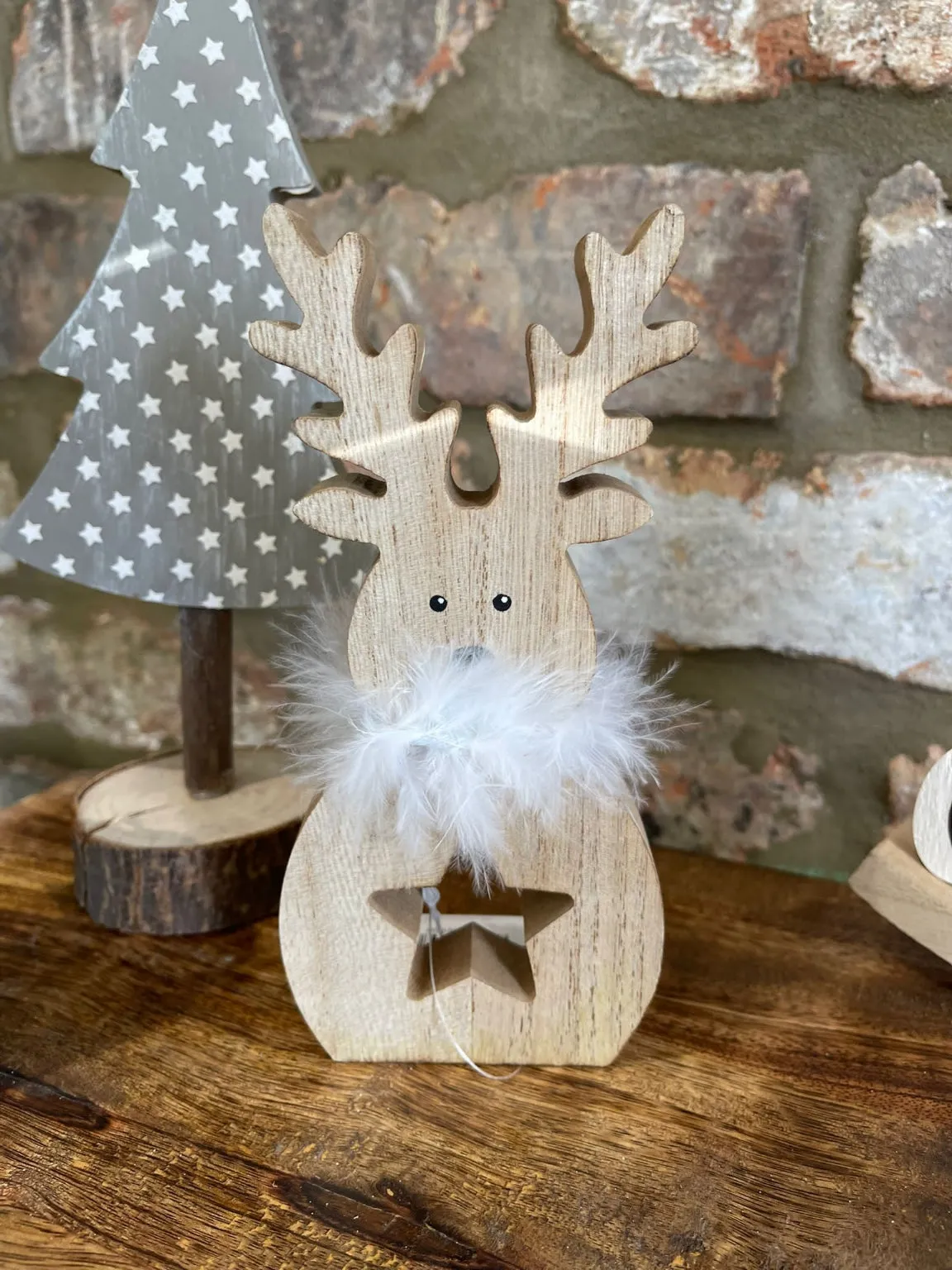 Wooden Reindeer With Fluffy Scarf