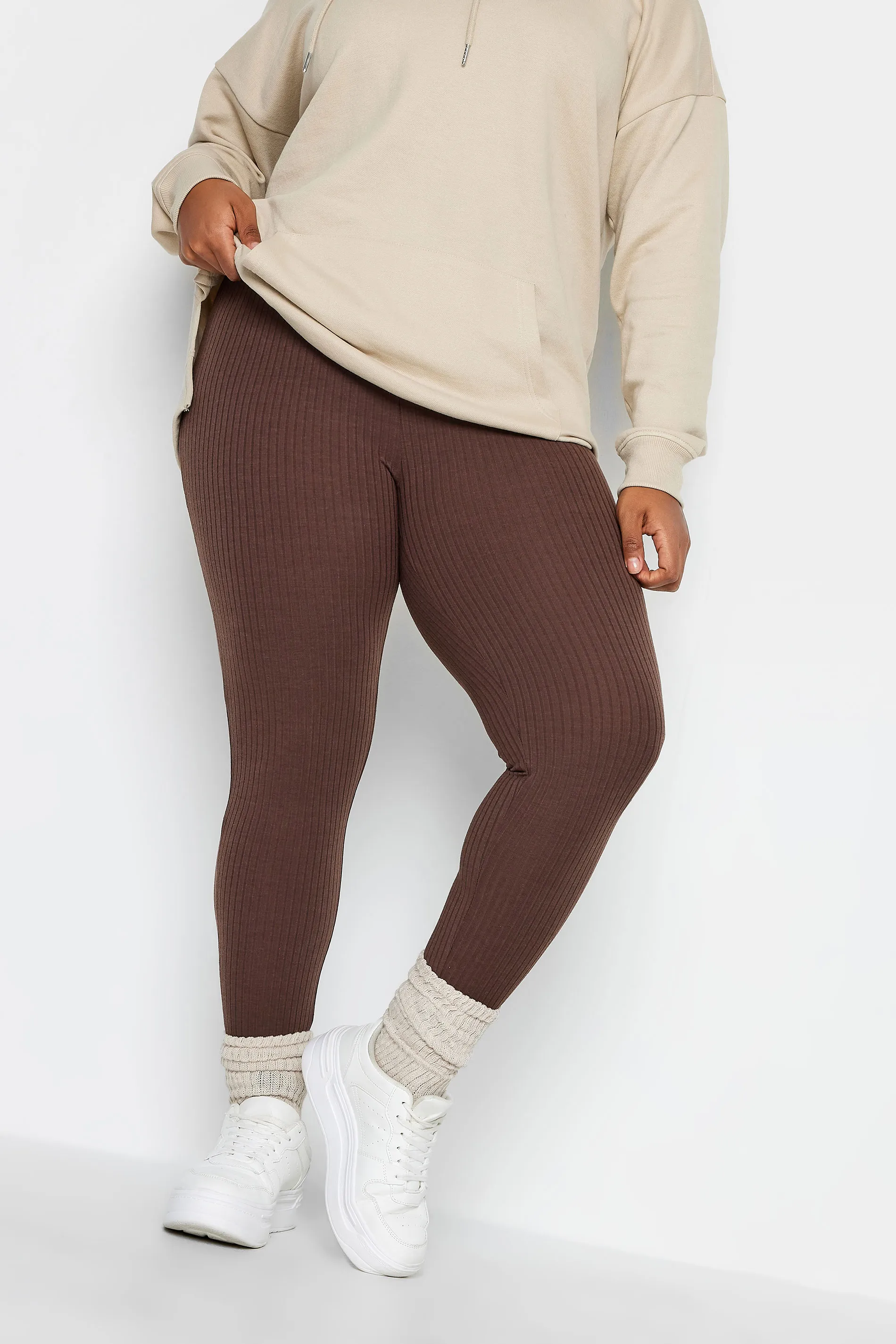 YOURS Curve Chocolate Brown Ribbed Leggings