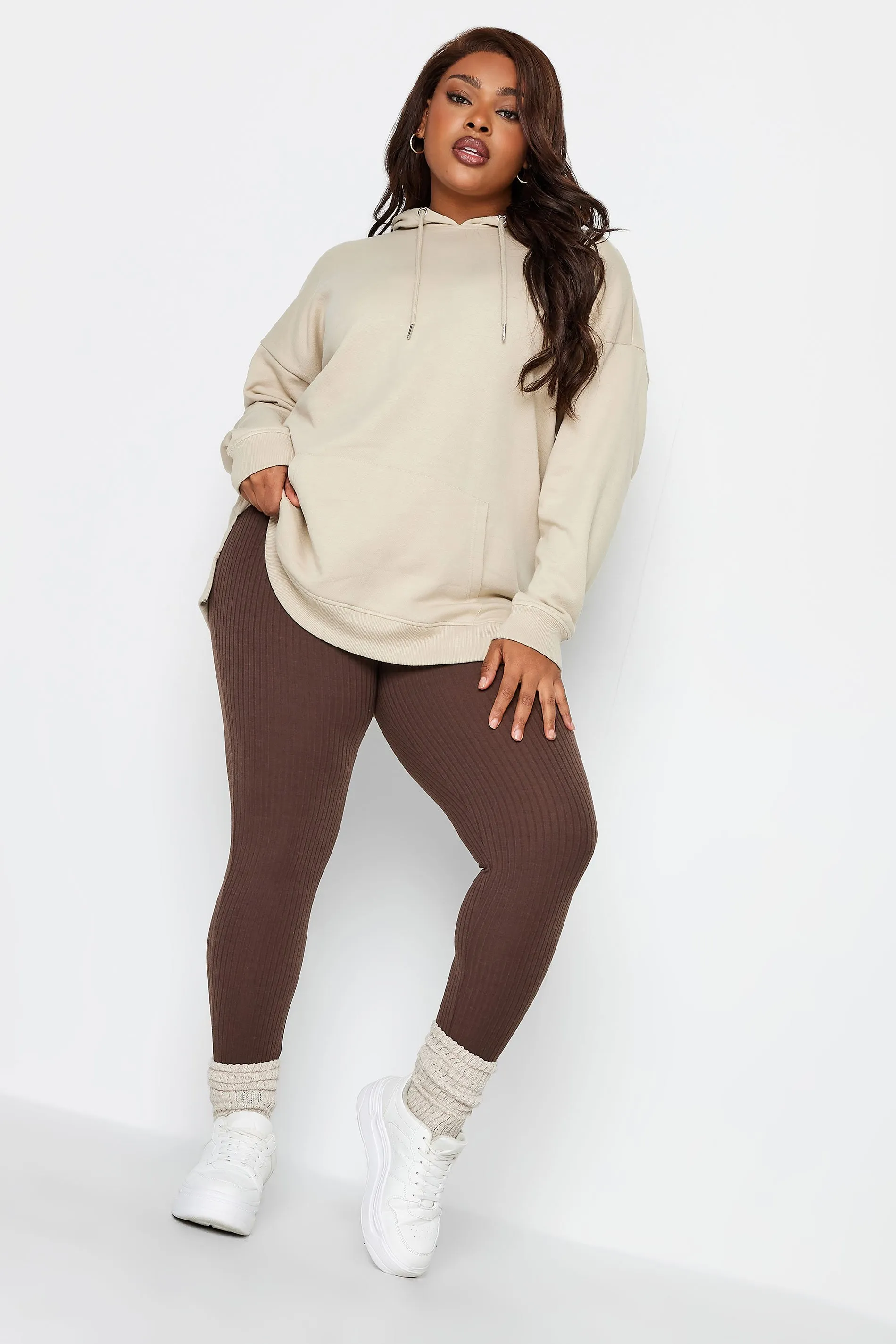 YOURS Curve Chocolate Brown Ribbed Leggings