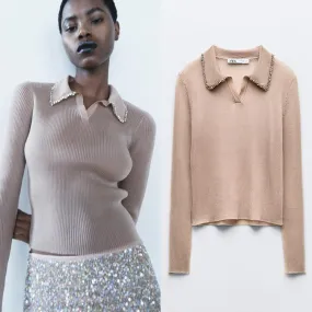 ZARA  |Party Style With Jewels Elegant Style Knitted Polo Shirts