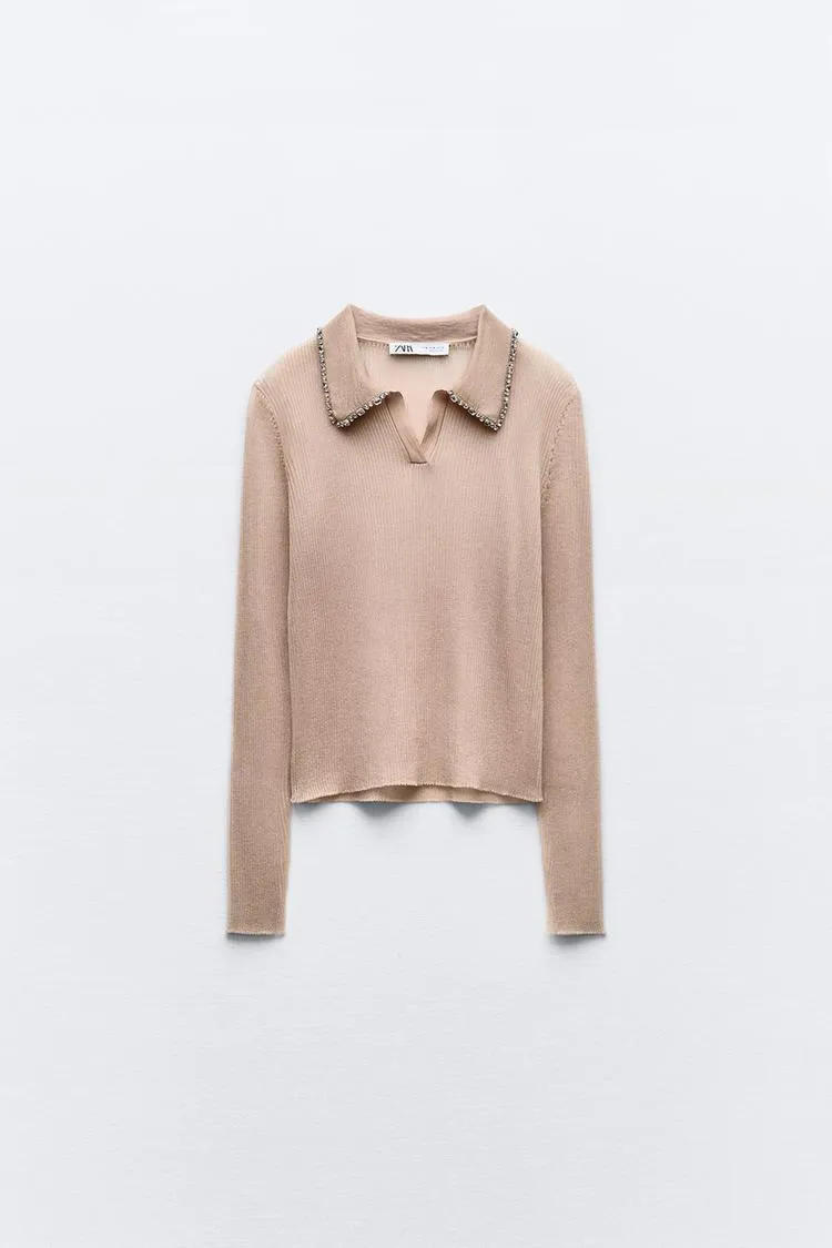 ZARA  |Party Style With Jewels Elegant Style Knitted Polo Shirts